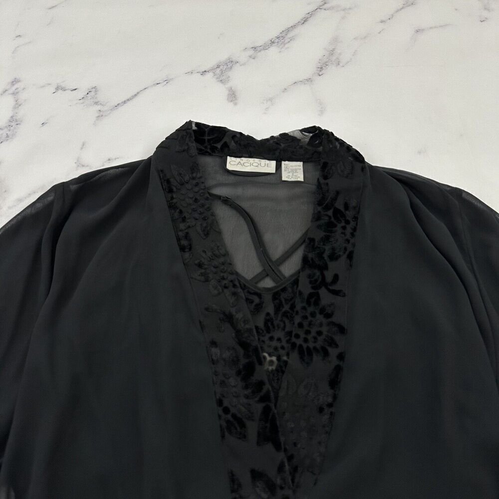Cacique Womens Vintage Negligee Slip Robe Set Plus Size S Black Sheer Floral - Picture 2 of 16